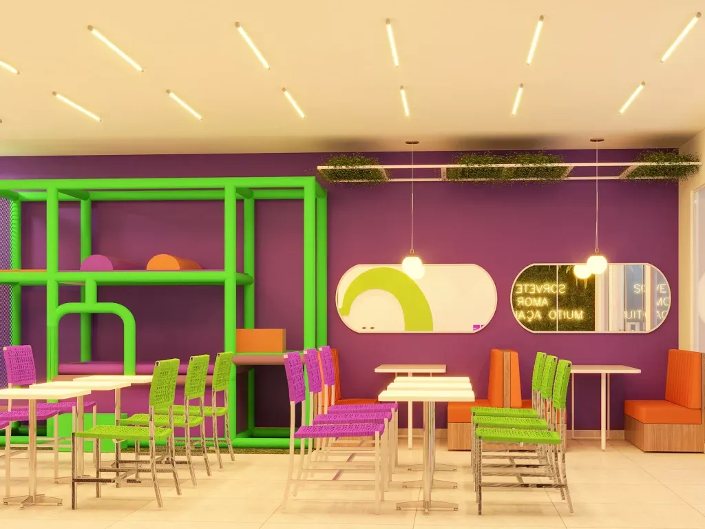 Salão interno de uma loja franqueada Bengô Açaí com design moderno em roxo e verde