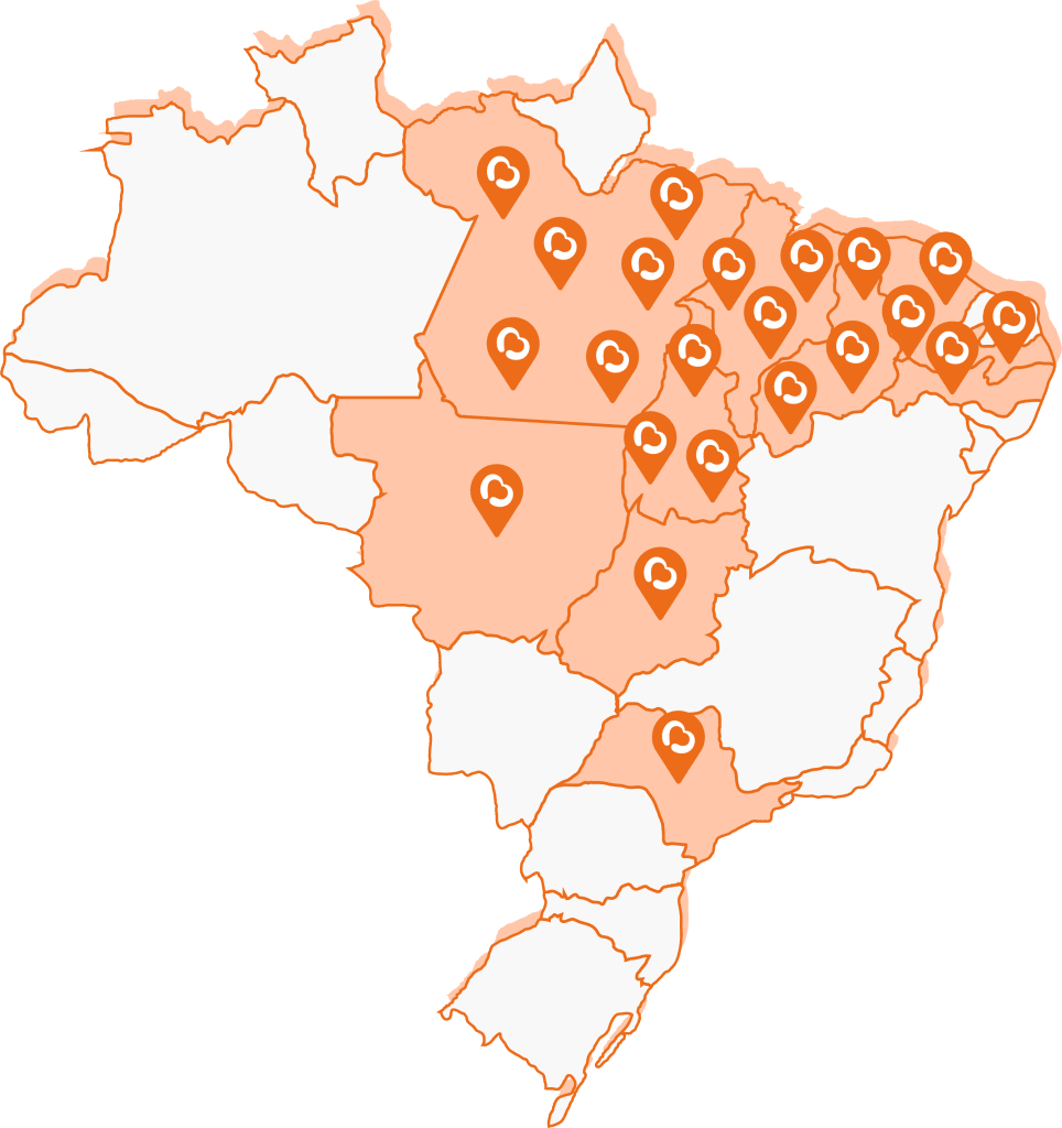 Mapa do Brasil com as lojas franqueadas Bengô Açaí marcadas em 10 estados