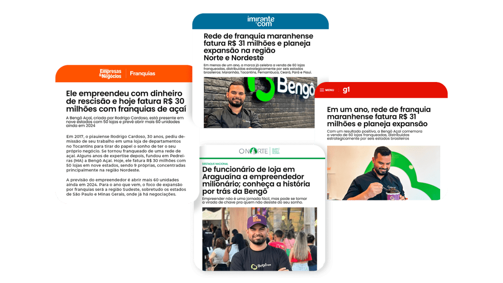 Reportagens sobre a Bengô Açaí nos veículos g1, Imirante, O Norte e Empresas & Negócios